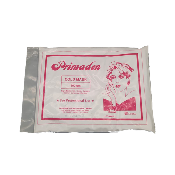 Primadon Cold Mask. It reduce swelling, inflammation, wrinkles. Ingredients: Talc, Kaolin, Gypsum, Calcium Carbonate, menthol. 550gm. For Professional Use.