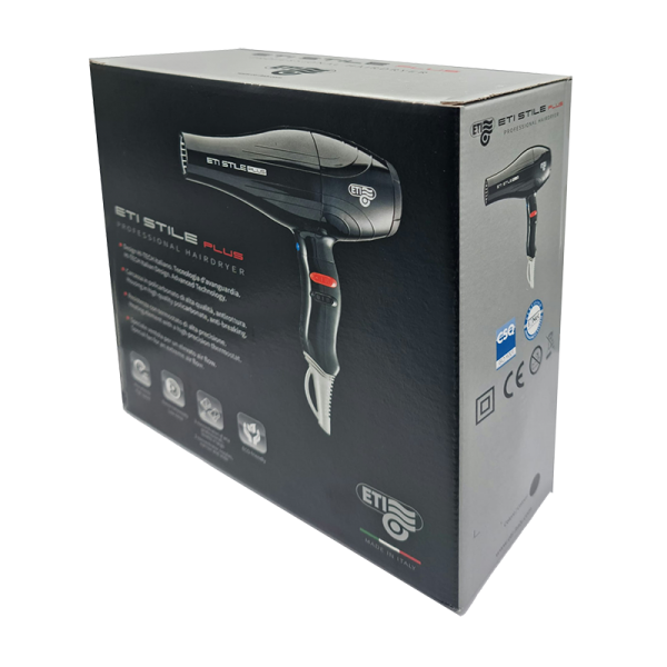 ETI Stile Plus Hairdryer. Wattage: 2,000 - 2,200W. High Speed, Lightweight Low Noise Professional AC Motor. 4 Heat, 2 Speed Setting. Made in Italy.